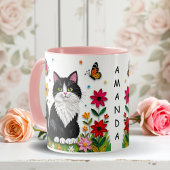 Personalized Cat, Flowers and Butterflies   マグカップ