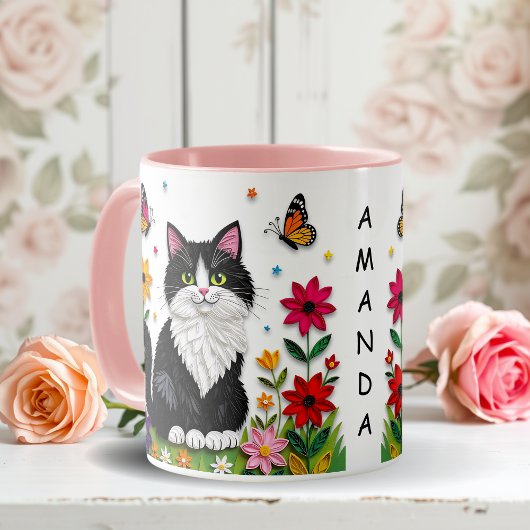 Personalized Cat, Flowers and Butterflies   マグカップ