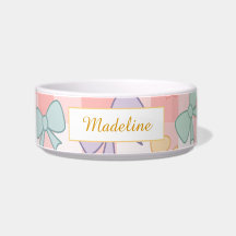 Personalized Cat Gingham Pastel Bows Bowl Ceramic