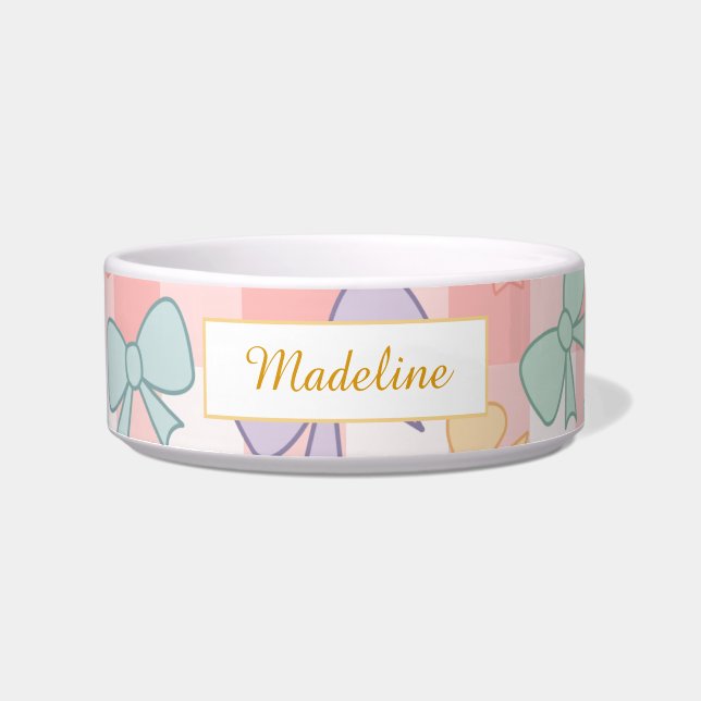 Personalized Cat Gingham Pastel Bows Bowl Ceramic ボウル (正面)