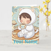 Personalized Cat Greeting Card for Book Lovers カード (黄色い花)
