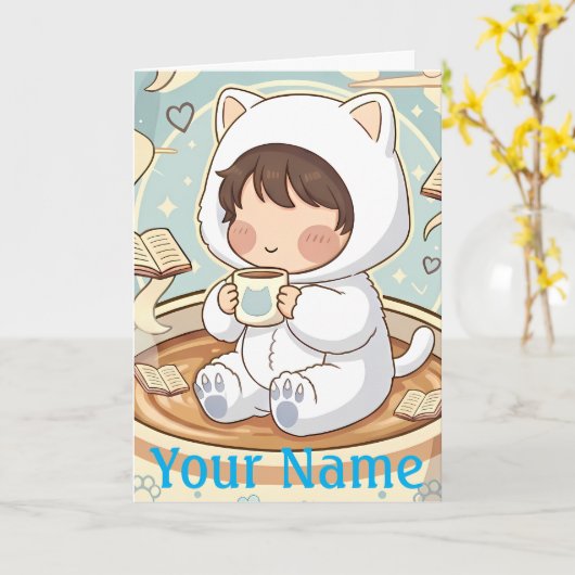 Personalized Cat Greeting Card for Book Lovers カード (黄色い花)