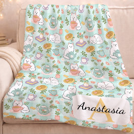 Personalized  Cat Monogram Name Pastel High Tea フリースブランケット