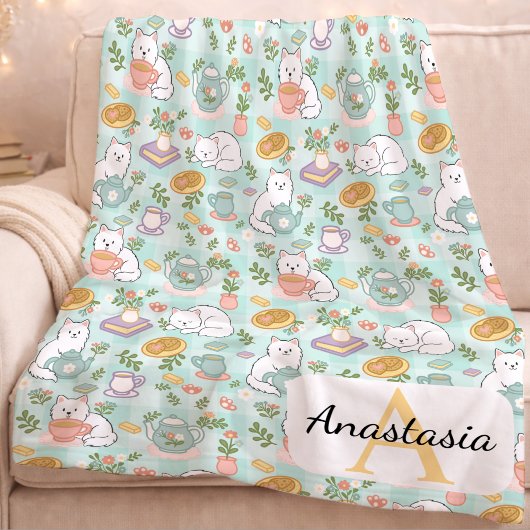 Personalized  Cat Monogram Name Pastel High Tea フリースブランケット