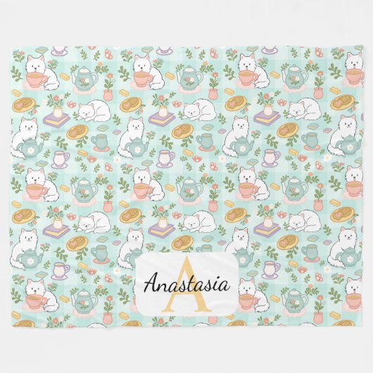 Personalized  Cat Monogram Name Pastel High Tea フリースブランケット (正面(横))