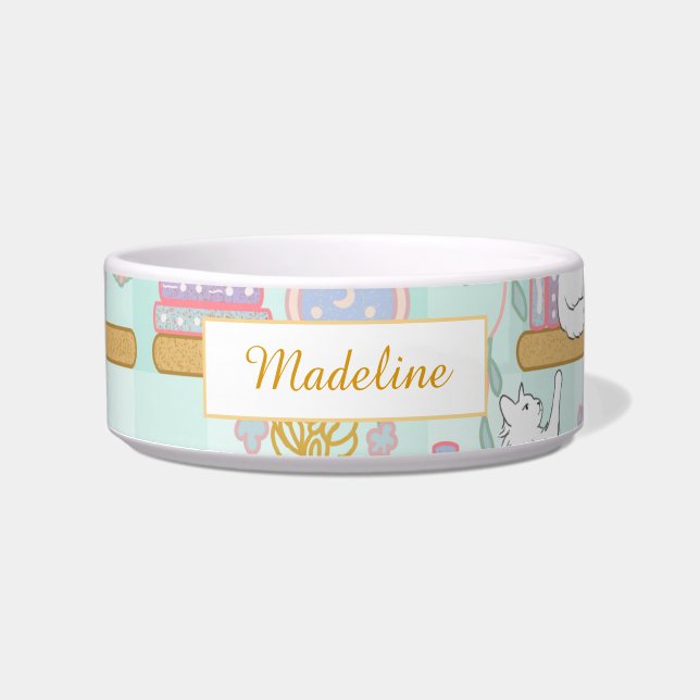 Personalized Cat Name Green Library Bowl Ceramic ボウル (正面)