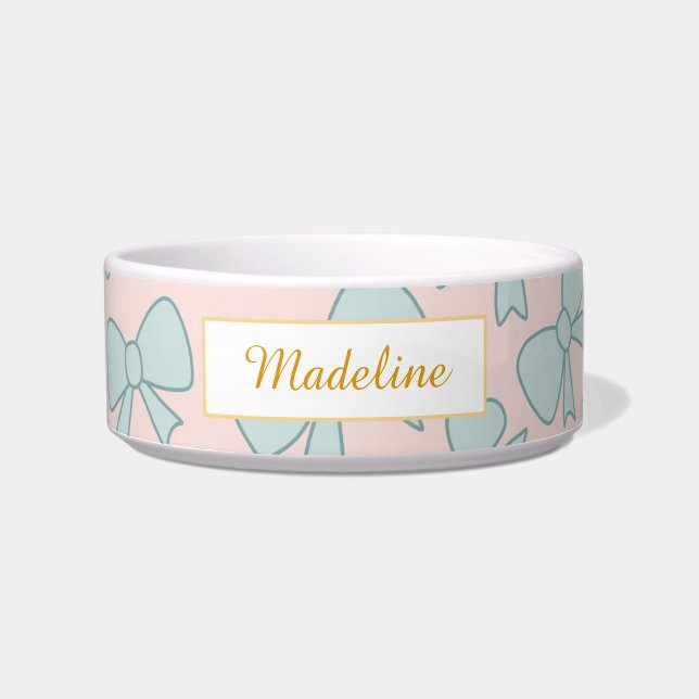 Personalized Cat Name Pastel Blue Bow Bowl Ceramic ボウル (正面)