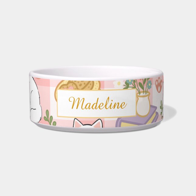 Personalized Cat Name Pastel Pink Bowl Ceramic ボウル (正面)