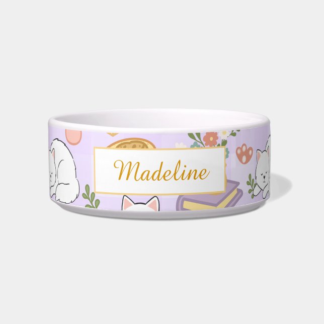 Personalized Cat Name Pastel Purple Bowl Ceramic ボウル (正面)