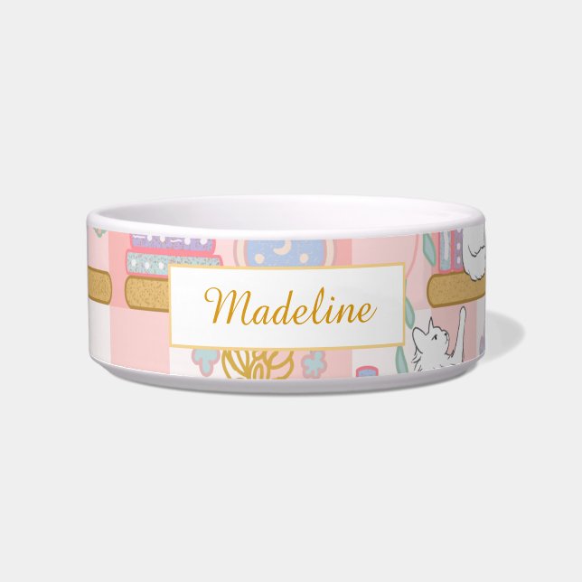 Personalized Cat Name Pink Library Bowl Ceramic ボウル (正面)
