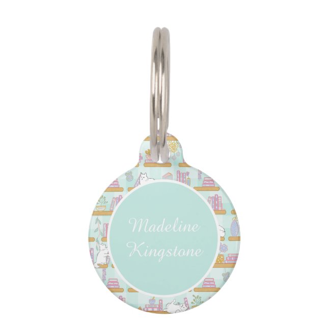 Personalized Cat Name Tag Cat Library Blue ペット　ネームタグ (正面)