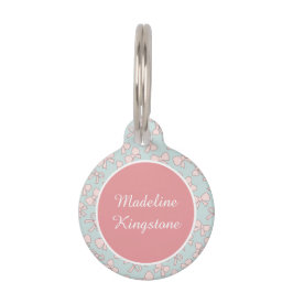 Personalized Cat Name Tag Pink Bows on Blue Pastel ペット　ネームタグ