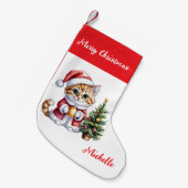 Personalized Cat with Santa Hat Christmas tree スモールクリスマスストッキング (正面 (吊り時))