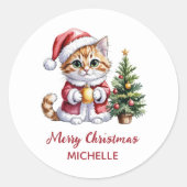 Personalized Cat with Santa Hat Christmas tree  ラウンドシール (正面)