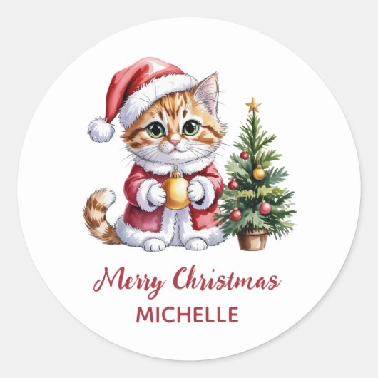 Personalized Cat with Santa Hat Christmas tree  ラウンドシール (正面)