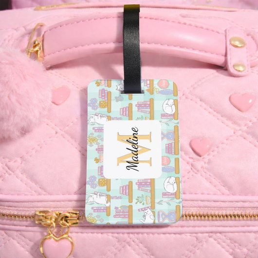 Personalized Cats Library Book Girl Mint Green ラゲッジタグ