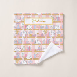 Personalized Cat's Library Bookish Pastel Pink ウォッシュタオル
