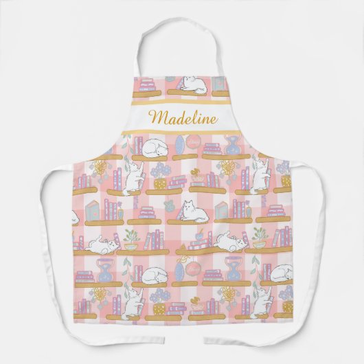 Personalized Cat's Library Bookish Pastel Pink エプロン (正面)