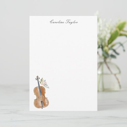 Personalized Cello Floral Watercolor Stationery ノートカード (スタンド正面)