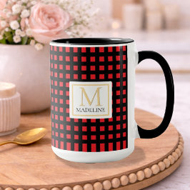 Personalized Checkered Name Mug Red Black Stripe マグカップ
