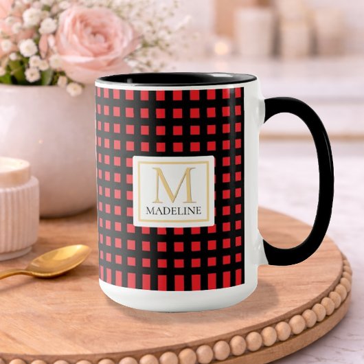 Personalized Checkered Name Mug Red Black Stripe マグカップ