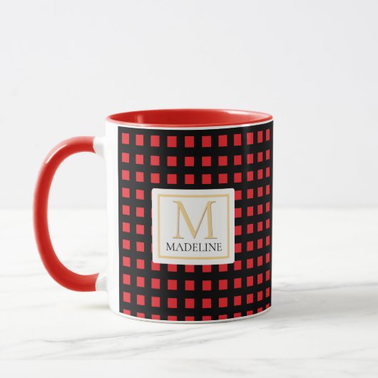 Personalized Checkered Name Mug Red Black Stripe マグカップ (左)
