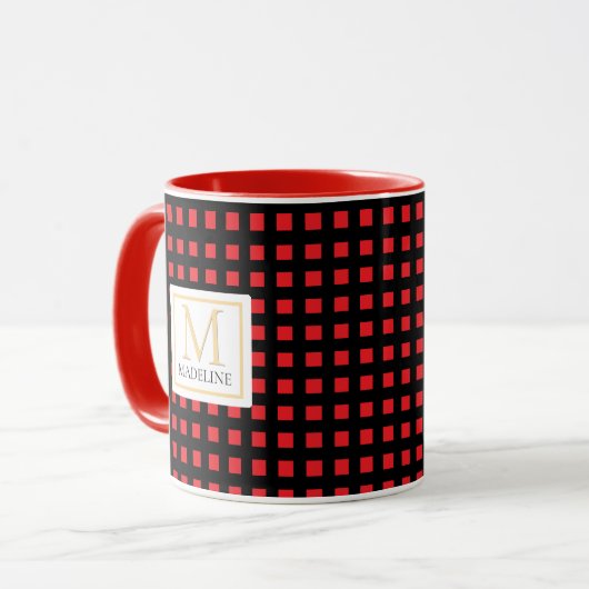Personalized Checkered Name Mug Red Black Stripe マグカップ (正面左)