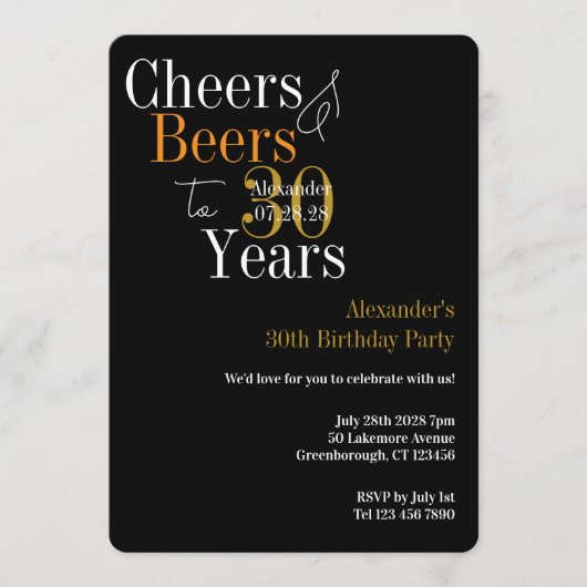 Personalized Cheers and Beers 30th Birthday Party 招待状 (正面)