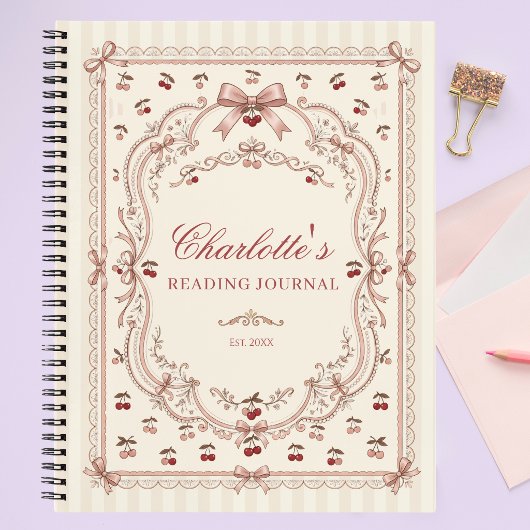 Personalized Cherry Bow Book Lover Reading Journal ノートブック
