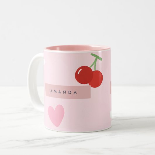 Personalized Cherry, Daisy & Pink Heart Pattern ツートーンマグカップ (正面左)