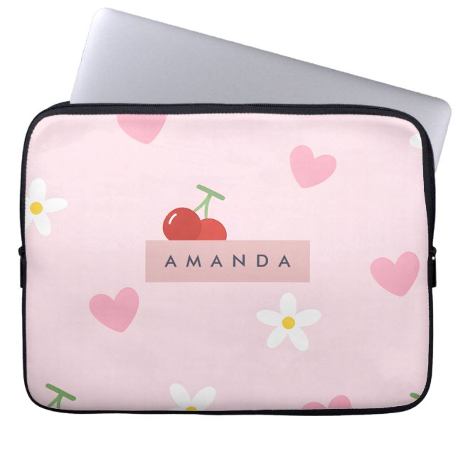 Personalized Cherry, Daisy & Pink Heart Pattern  ラップトップスリーブ (正面)