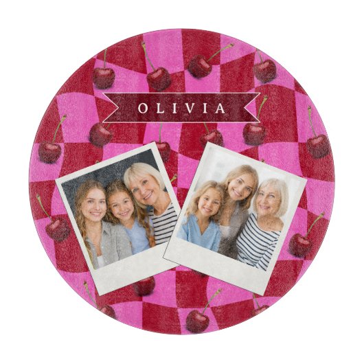 Personalized Cherry Gingham Retro Custom Name カッティングボード (正面)