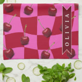 Personalized Cherry Gingham Retro Custom Name キッチンタオル (折り畳み)