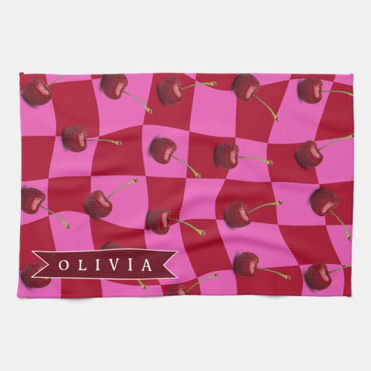 Personalized Cherry Gingham Retro Custom Name キッチンタオル (横)