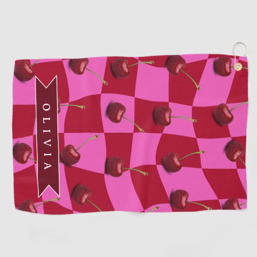 Personalized Cherry Gingham Retro Custom Name ゴルフタオル (横)