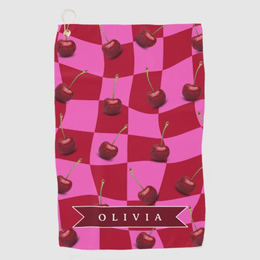 Personalized Cherry Gingham Retro Custom Name ゴルフタオル (正面)