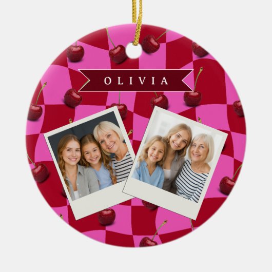 Personalized Cherry Gingham Retro Custom Name セラミックオーナメント (正面)