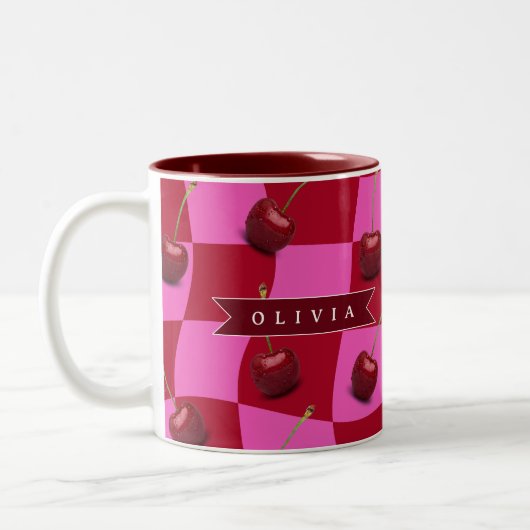 Personalized Cherry Gingham Retro Custom Name ツートーンマグカップ (左)