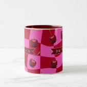 Personalized Cherry Gingham Retro Custom Name ツートーンマグカップ (中央)