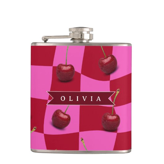 Personalized Cherry Gingham Retro Custom Name フラスク (正面)