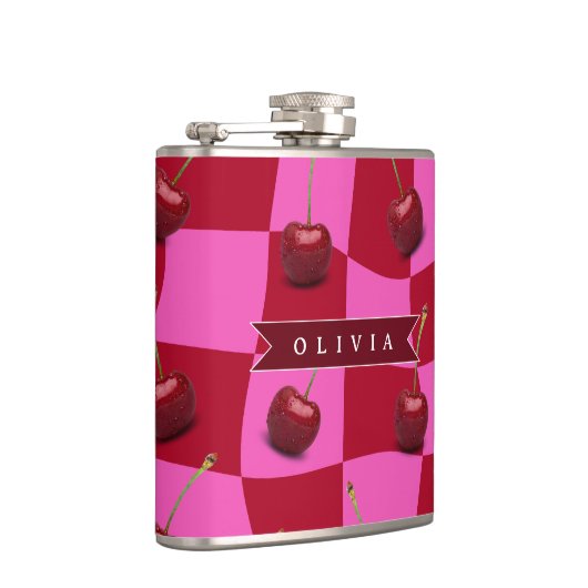 Personalized Cherry Gingham Retro Custom Name フラスク (右)