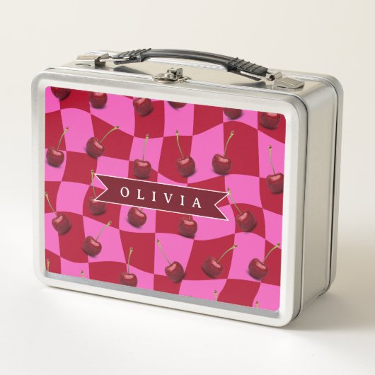Personalized Cherry Gingham Retro Custom Name メタルランチボックス (正面)