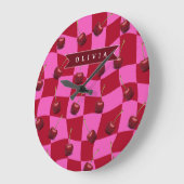 Personalized Cherry Gingham Retro Custom Name ラージ壁時計 (傾斜)