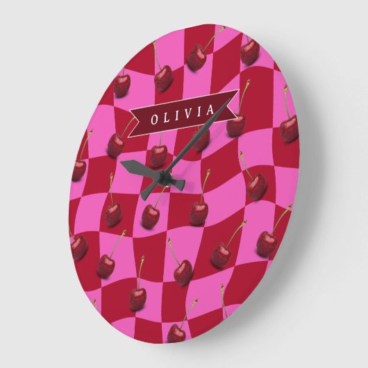 Personalized Cherry Gingham Retro Custom Name ラージ壁時計 (傾斜)