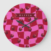 Personalized Cherry Gingham Retro Custom Name ラージ壁時計 (正面)