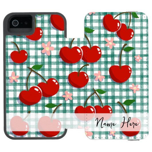 Personalized Cherry on Green Gingham Phone Case –  Incipio iPhoneウォレットケース (フォリオ Open)