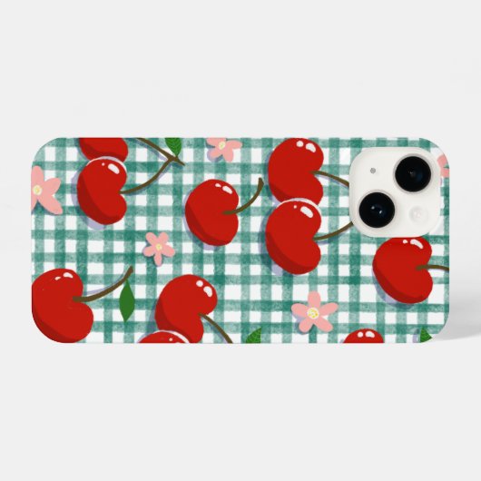 Personalized Cherry on Green Gingham Phone Case –  iPhoneケース (裏面横)