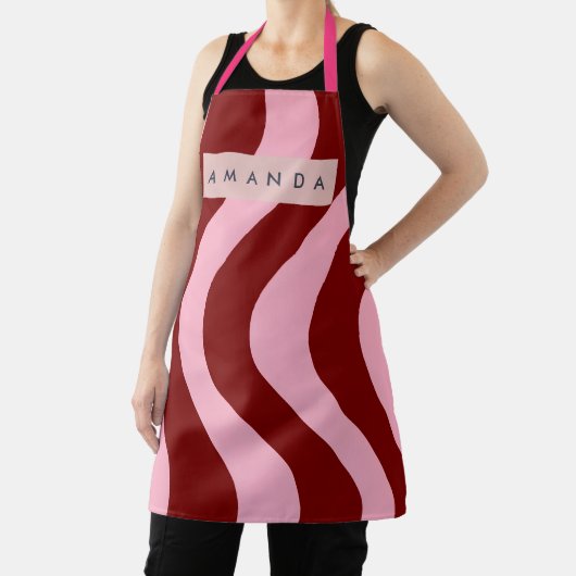 Personalized Cherry Red and Pink Wavy Stripe エプロン (インサイチュ)