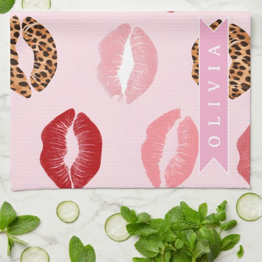 Personalized Chic Pink Leopart Print Lip Pattern キッチンタオル (折り畳み)