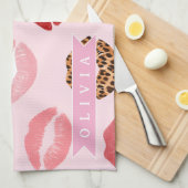 Personalized Chic Pink Leopart Print Lip Pattern キッチンタオル (四つ折り)